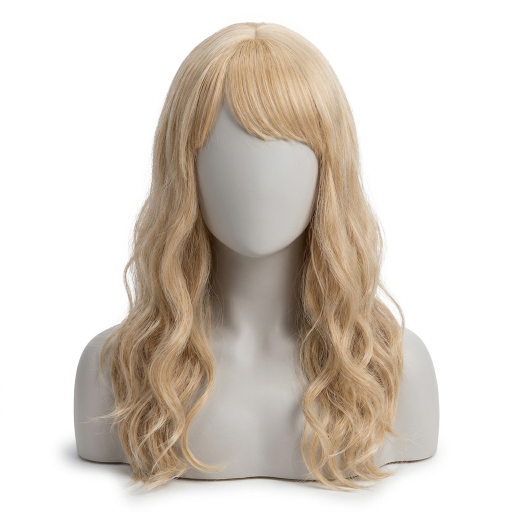 Blonde wig with long wavy hair on a gray mannequin head displayed against a white background