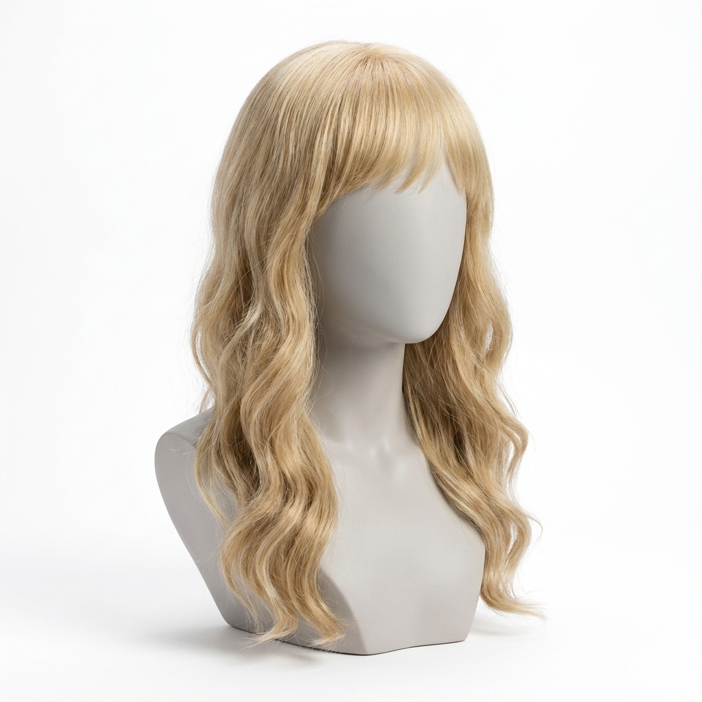 Blonde wavy wig with bangs displayed on a gray mannequin head against a white background