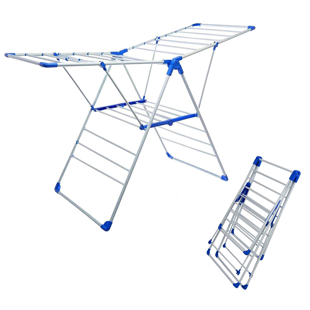 Foldable silver clothes drying rack with blue joints, extended for use and a folded rack shown nearby.