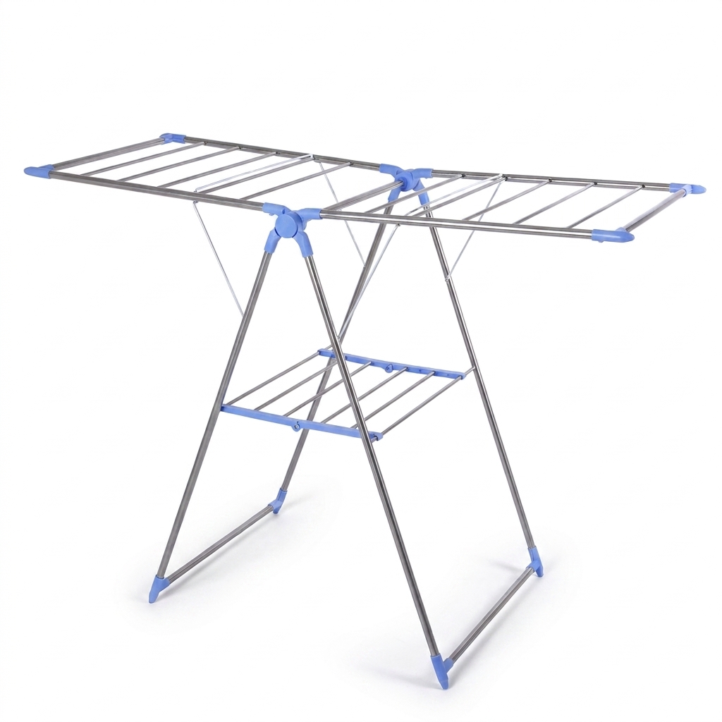 Freestanding metal clothes drying rack with blue joints and multiple rod lines for hanging laundry.