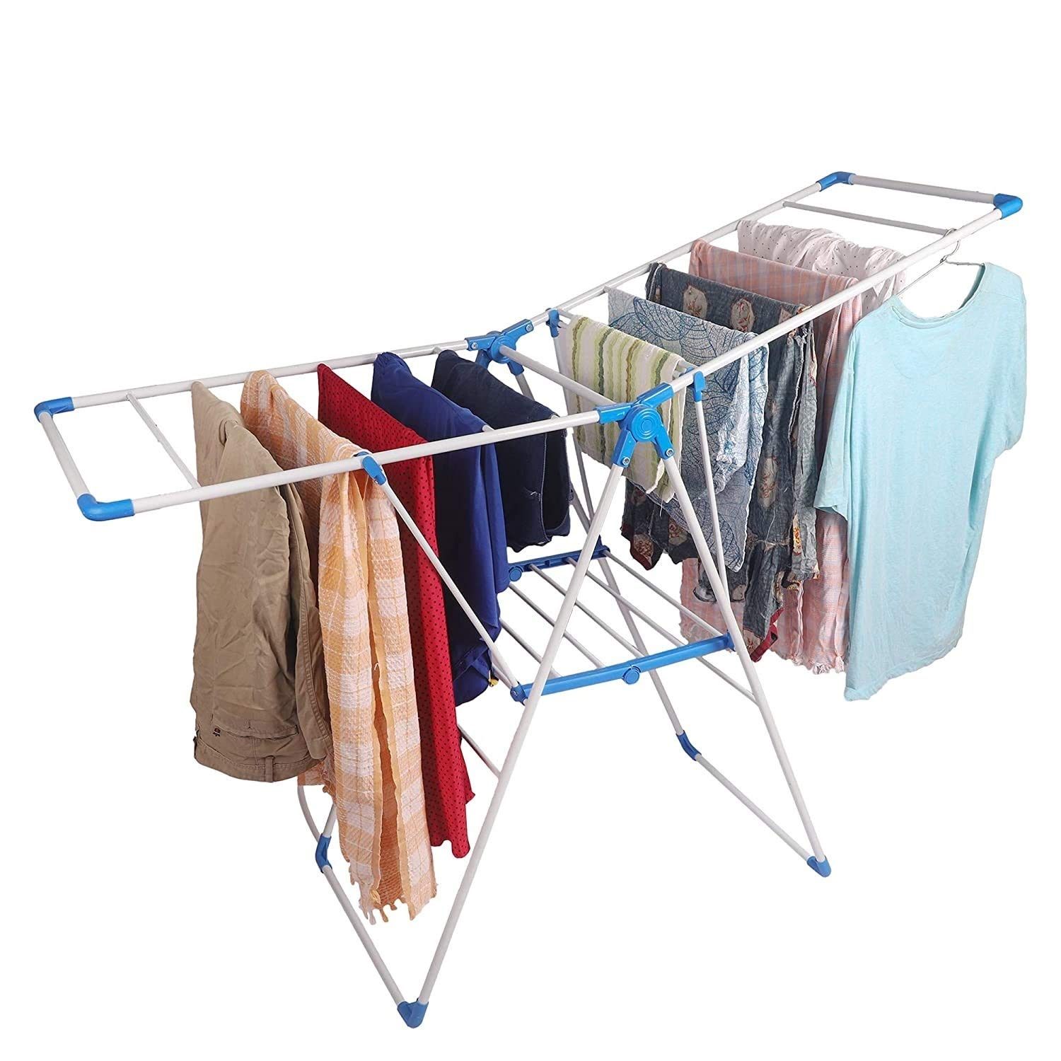 Foldable white and blue clothes drying rack with various garments hung to dry (shirts, towels, scarves).