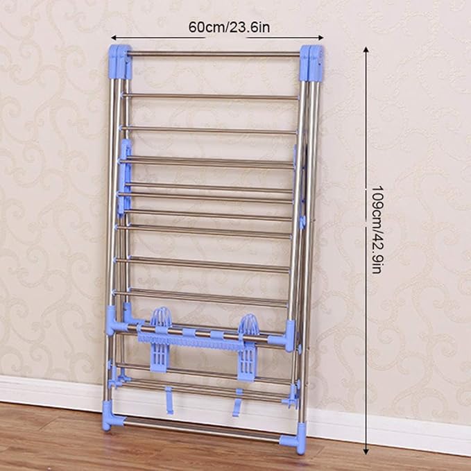 Foldable stainless steel clothes drying rack with blue plastic connectors, 60 cm wide and 109 cm tall.