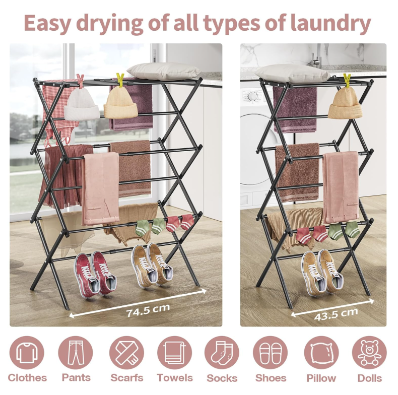 Foldable clothes drying rack in two sizes with towels, hats, and shoes drying; widths 74.5 cm and 43.5 cm shown.
