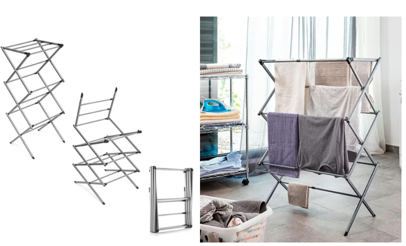 Collapsible metal drying rack shown in disassembled parts on the left and a fully set-up rack with towels hanging on the right, in a bright laundry room.