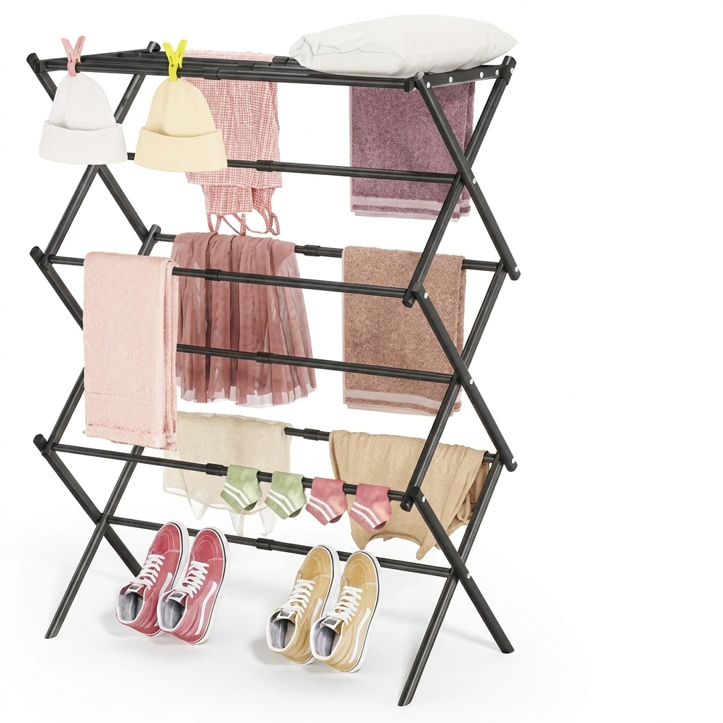 Black metal multi-tier drying rack filled with towels, scarves, and hats; two pairs of sneakers on the floor nearby.
