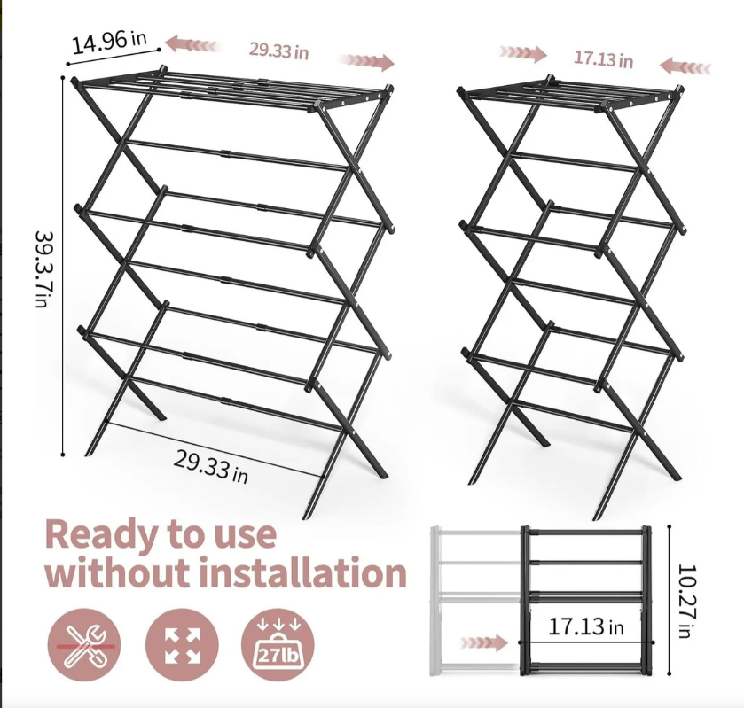 Foldable clothes drying rack, ready to use without installation; opened width about 29.33 in and height about 39.3 in (shown from side).