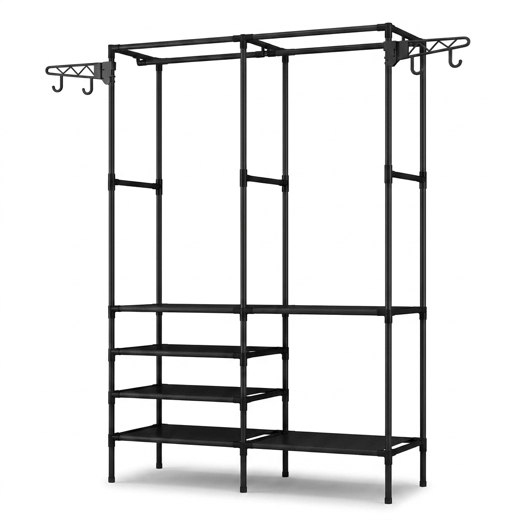 Black metal freestanding wardrobe rack with hooks on both ends and multiple shelves for storage.