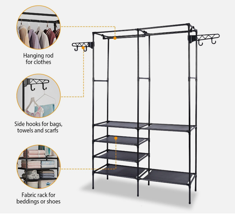 Metal clothing rack with a top hanging rod, side hooks for bags/towels, and multiple lower fabric shelves for folded items.