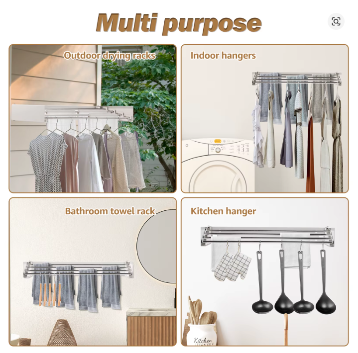 Four-panel collage titled 'Multi purpose' showing home drying and hanging racks: outdoor clothesline with clothes, indoor hanger by a washing machine, bathroom towel rack with towels, and a kitchen hanger with utensils and towels.