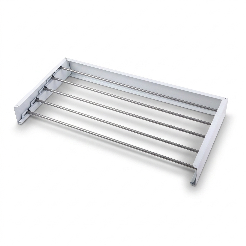 Stainless steel rack with six parallel rods and white side frames, viewed from above, empty.
